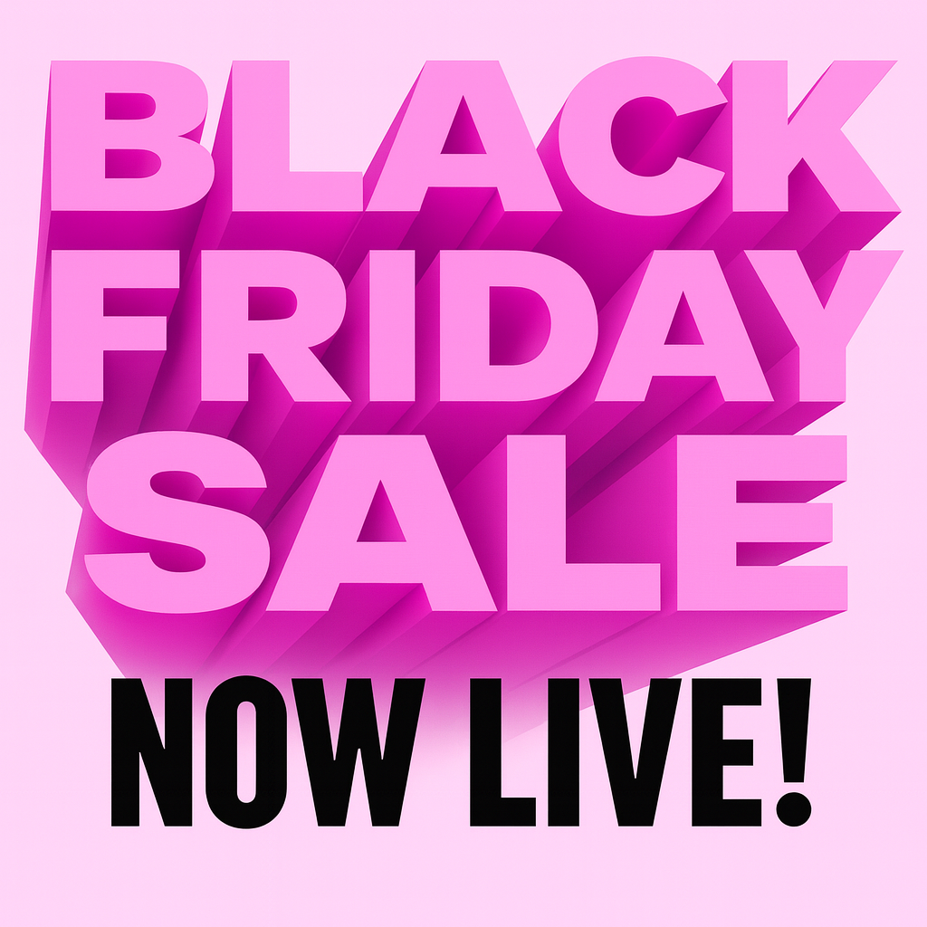 Promotional text for Black Friday sale on a pink background